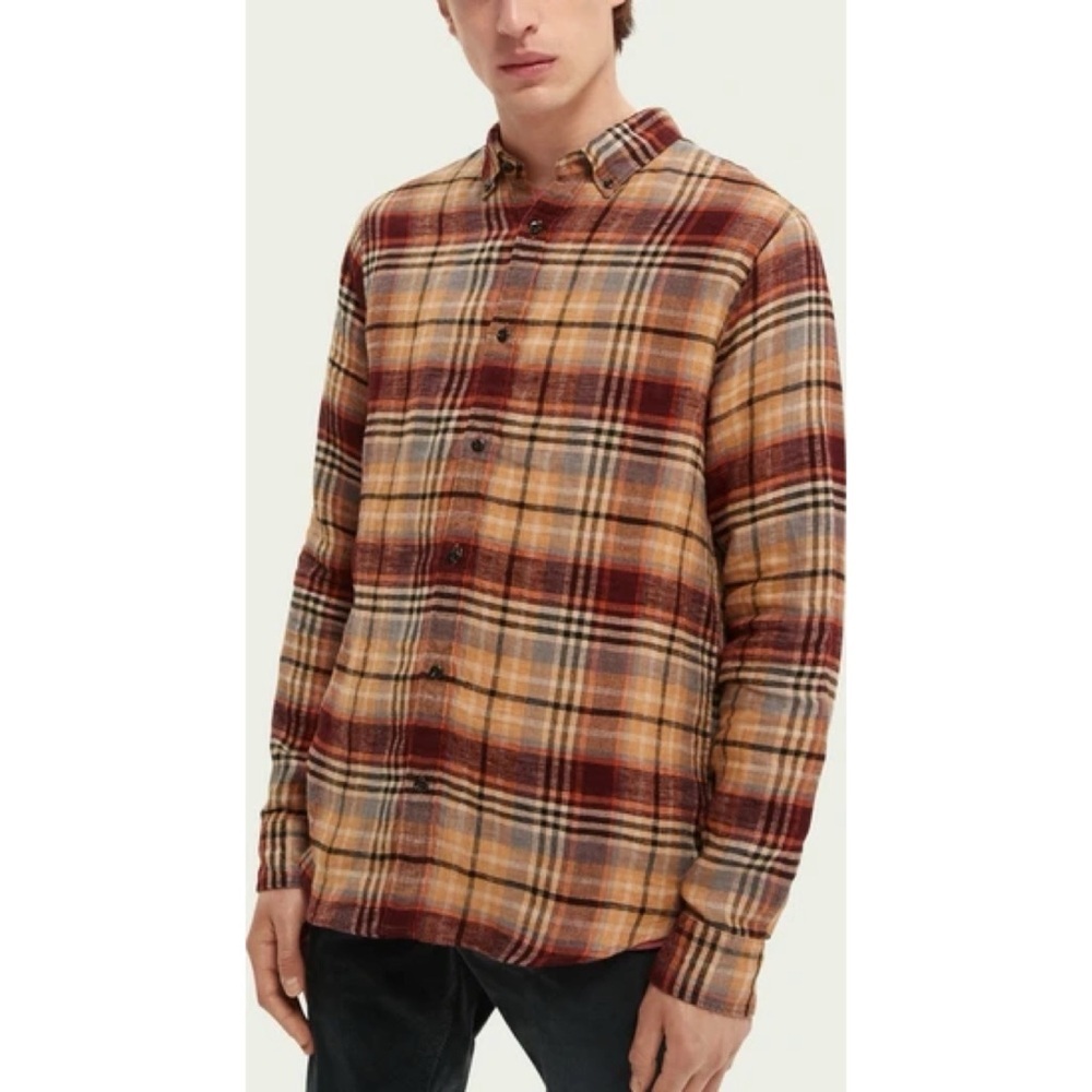 Scotch And Soda Button Down Linen Shirt Mens M Plaid Long Sleeve Casual